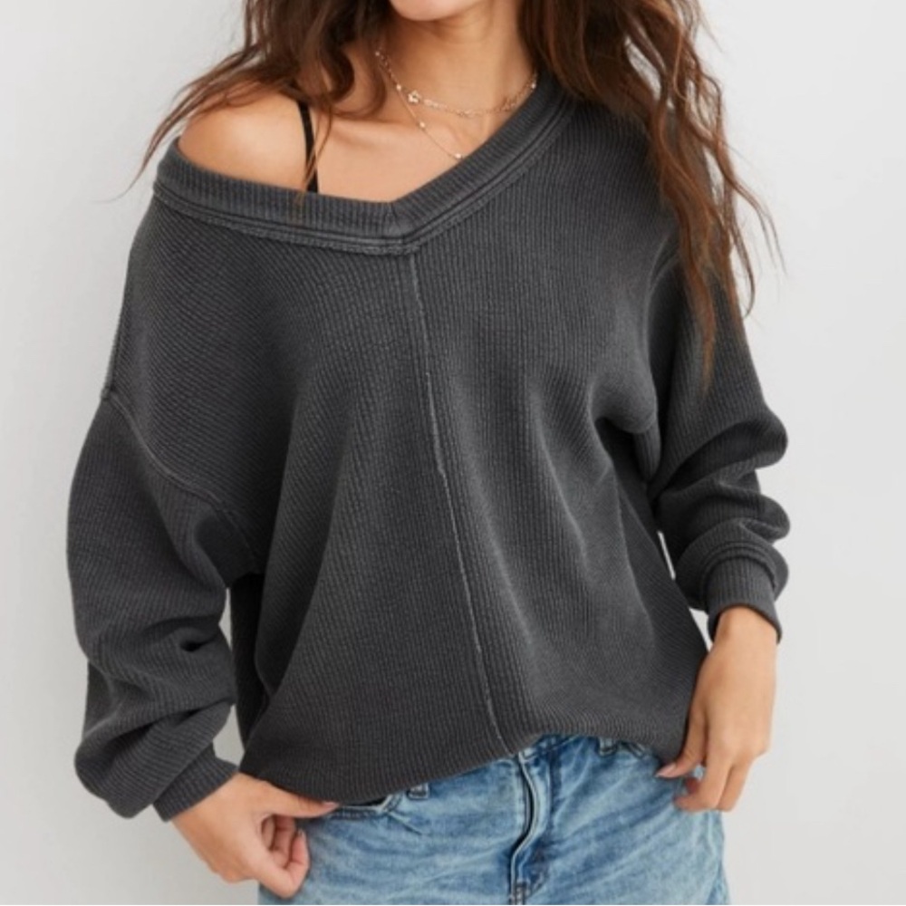 aerie wonder textured sweater black XL